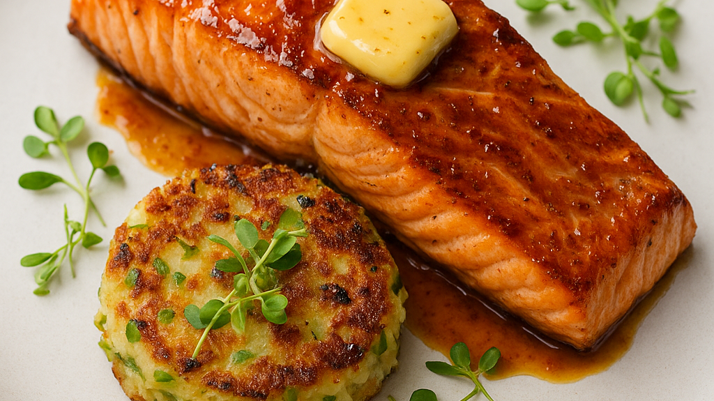 Seared Irish Whiskey-Glazed Salmon with Colcannon Cakes & Honey-Miso Butter