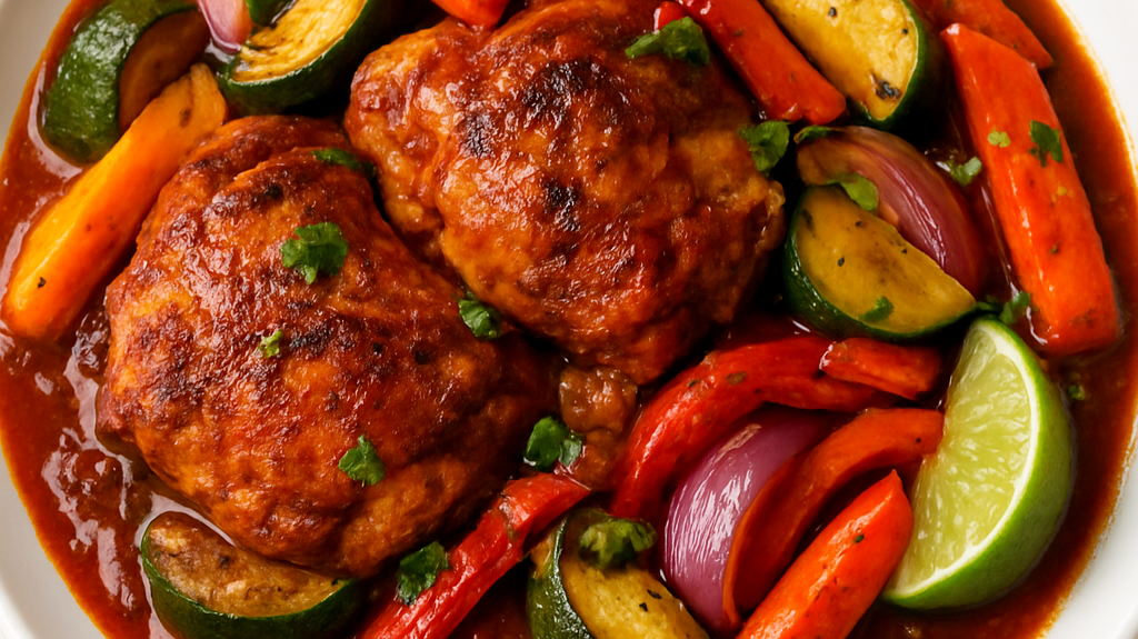 Pollo en Salsa de Tres Chiles con Verduras Asadas