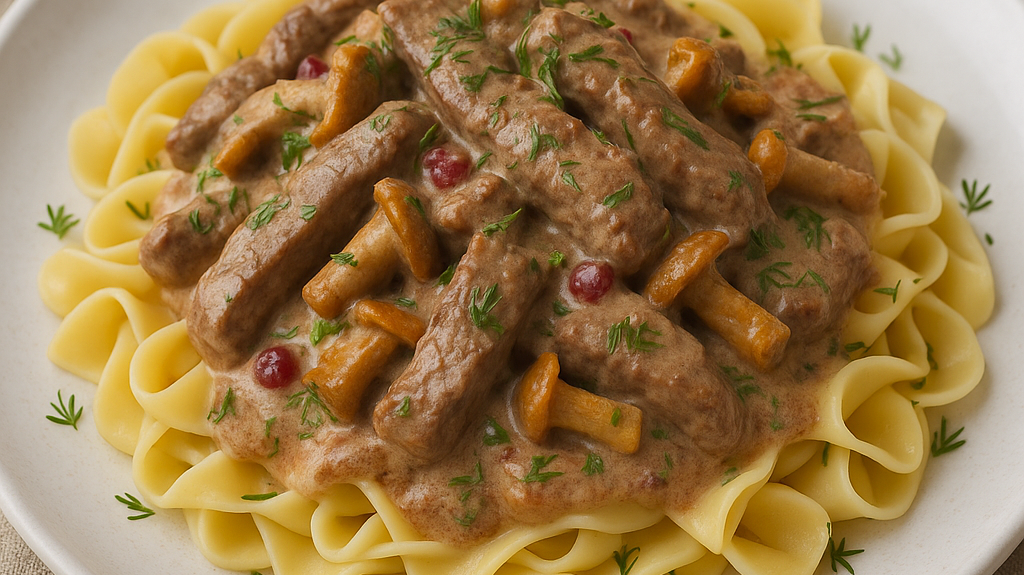 Siberian Elk Stroganoff with Wild Mushrooms and Cranberry Cream