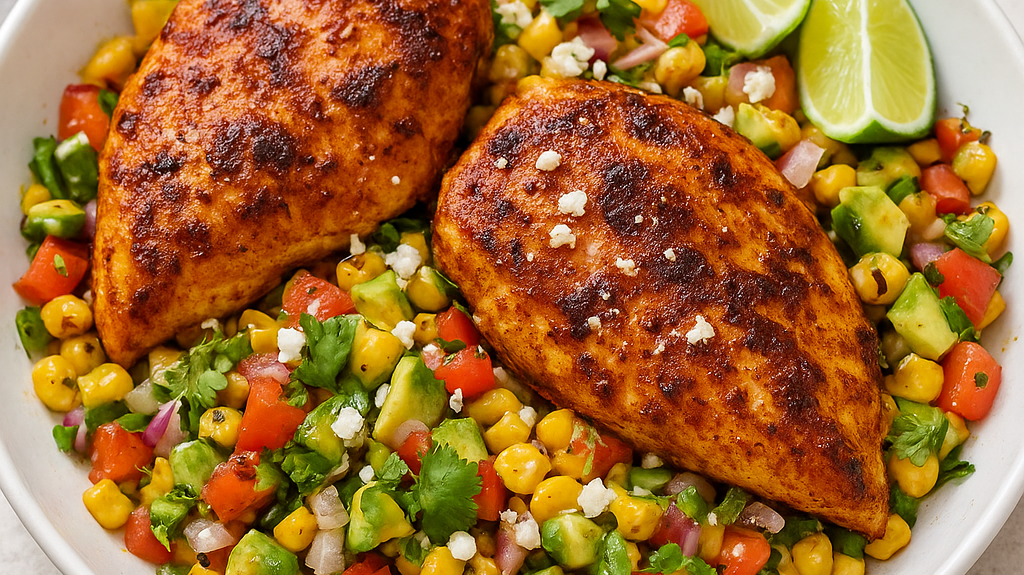 Southwestern Chipotle Lime Chicken with Roasted Corn & Avocado Salsa