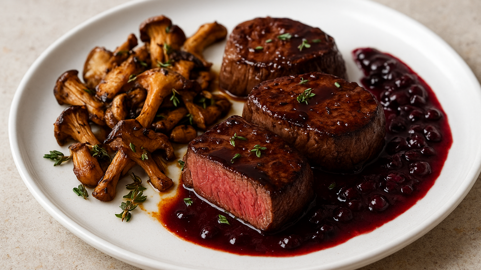 Maple-Balsamic Glazed Elk Medallions with Grilled Wild Mushrooms and Saskatoon Berry Reduction