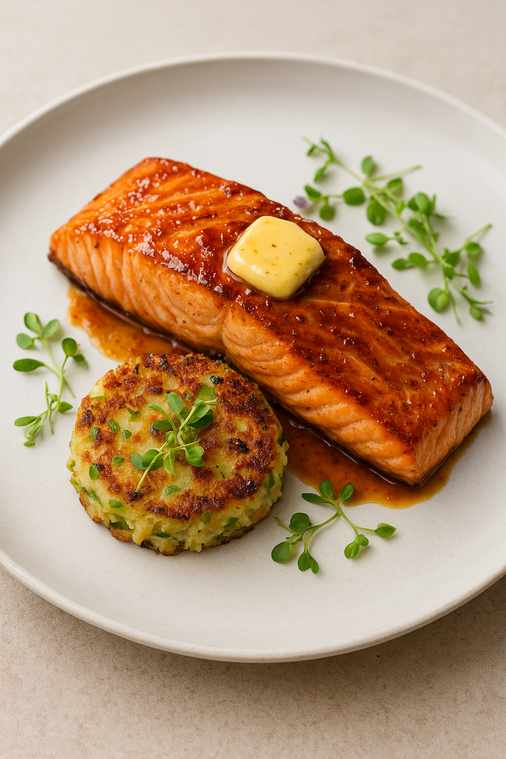 Seared Irish Whiskey-Glazed Salmon with Colcannon Cakes & Honey-Miso Butter