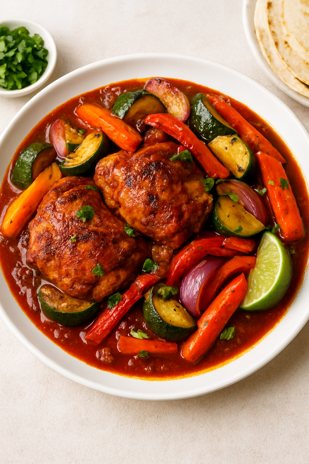 Pollo en Salsa de Tres Chiles con Verduras Asadas