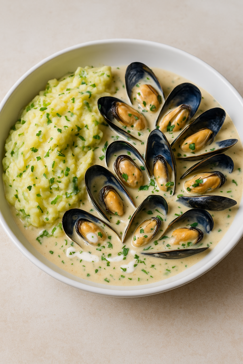 Irish Whiskey Creamed Mussels with Colcannon Mash