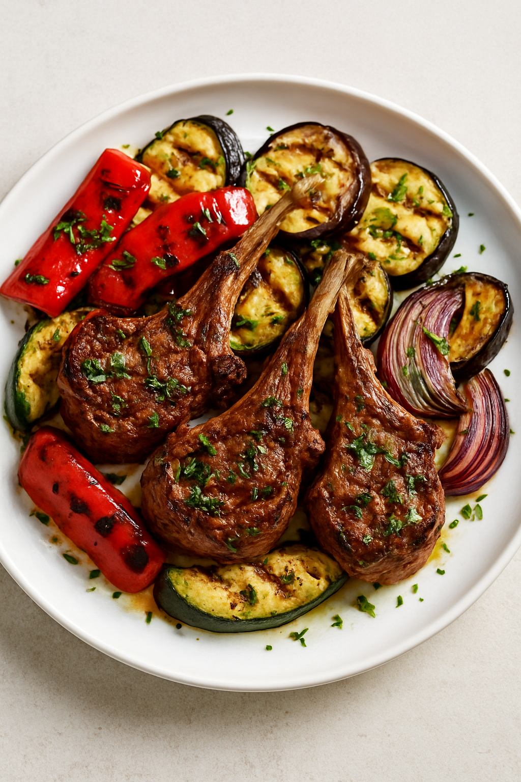Tuscan Herb-Marinated Lamb Chops with Charred Vegetables