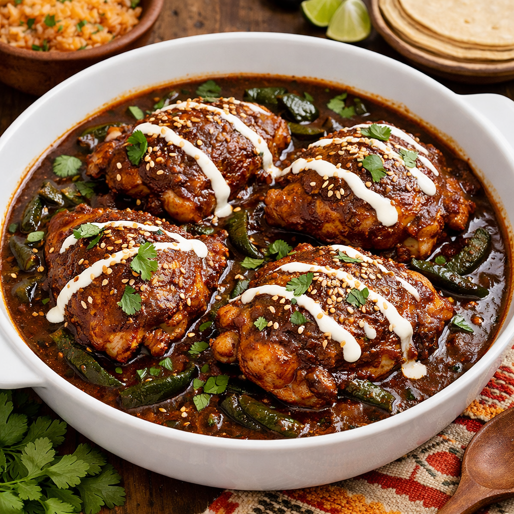 Mole-Braised Chicken with Roasted Poblanos and Mexican Crema