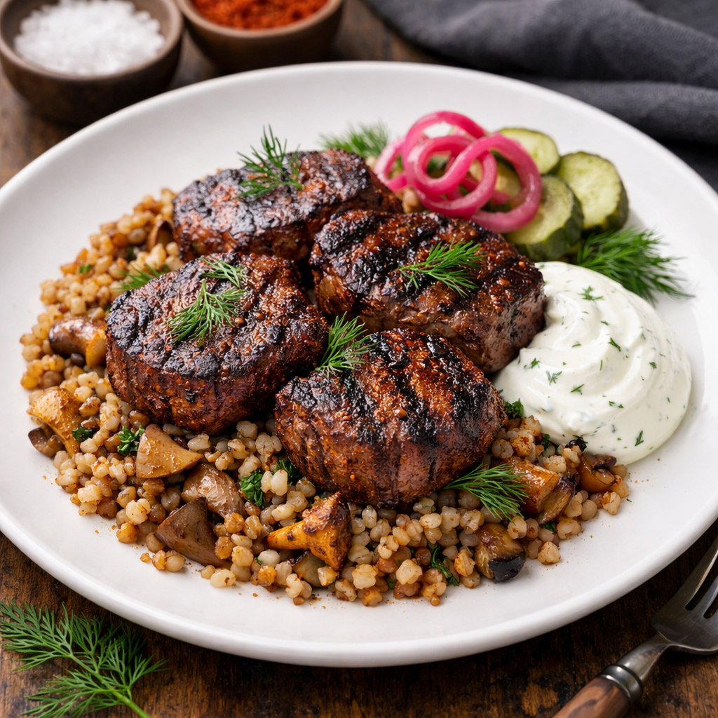 Smoked Paprika Beef Medallions with Buckwheat–Mushroom Pilaf and Dill Sour Cream