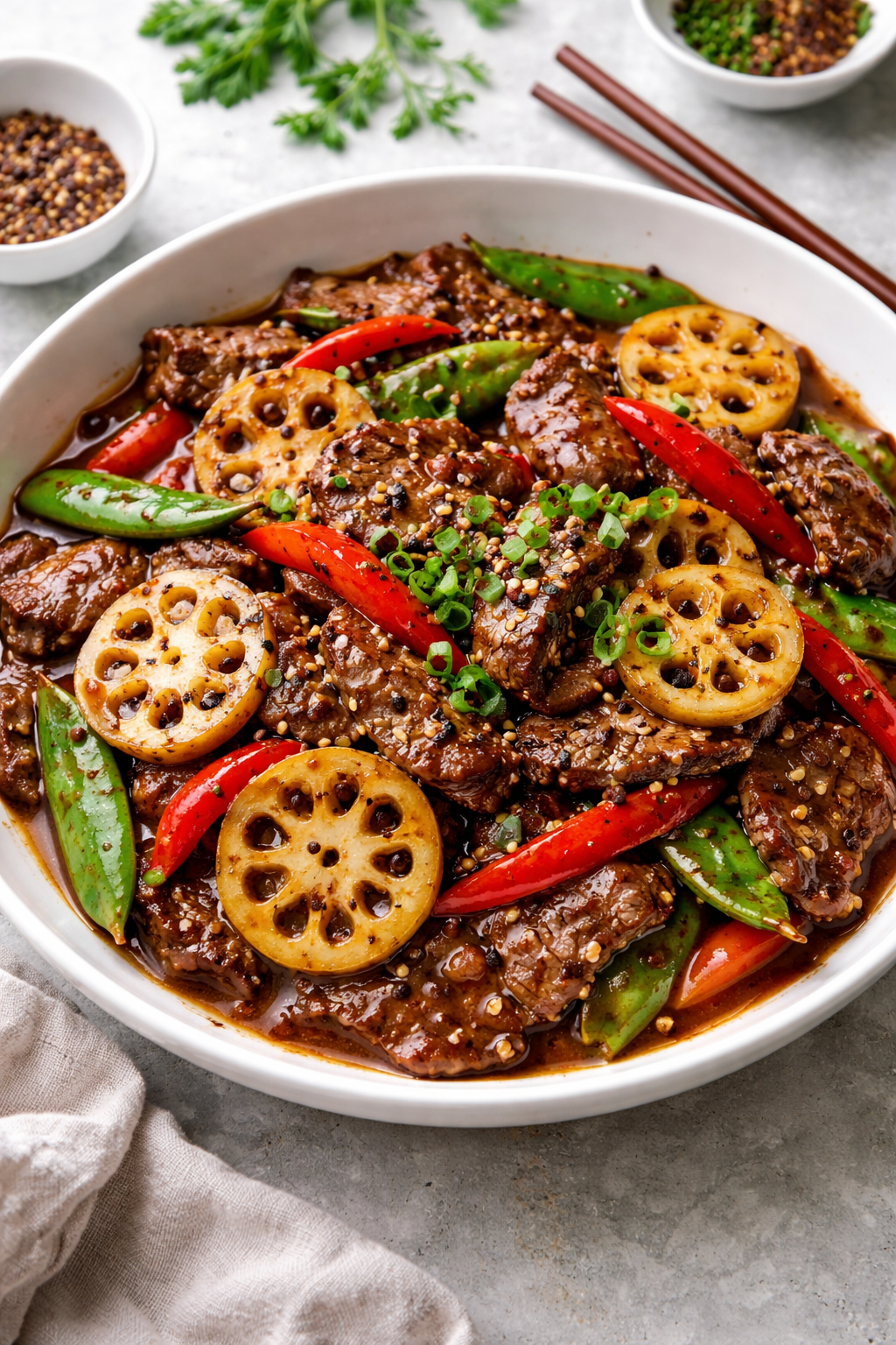 Sichuan Black Pepper Beef with Lotus Root and Shaoxing Reduction