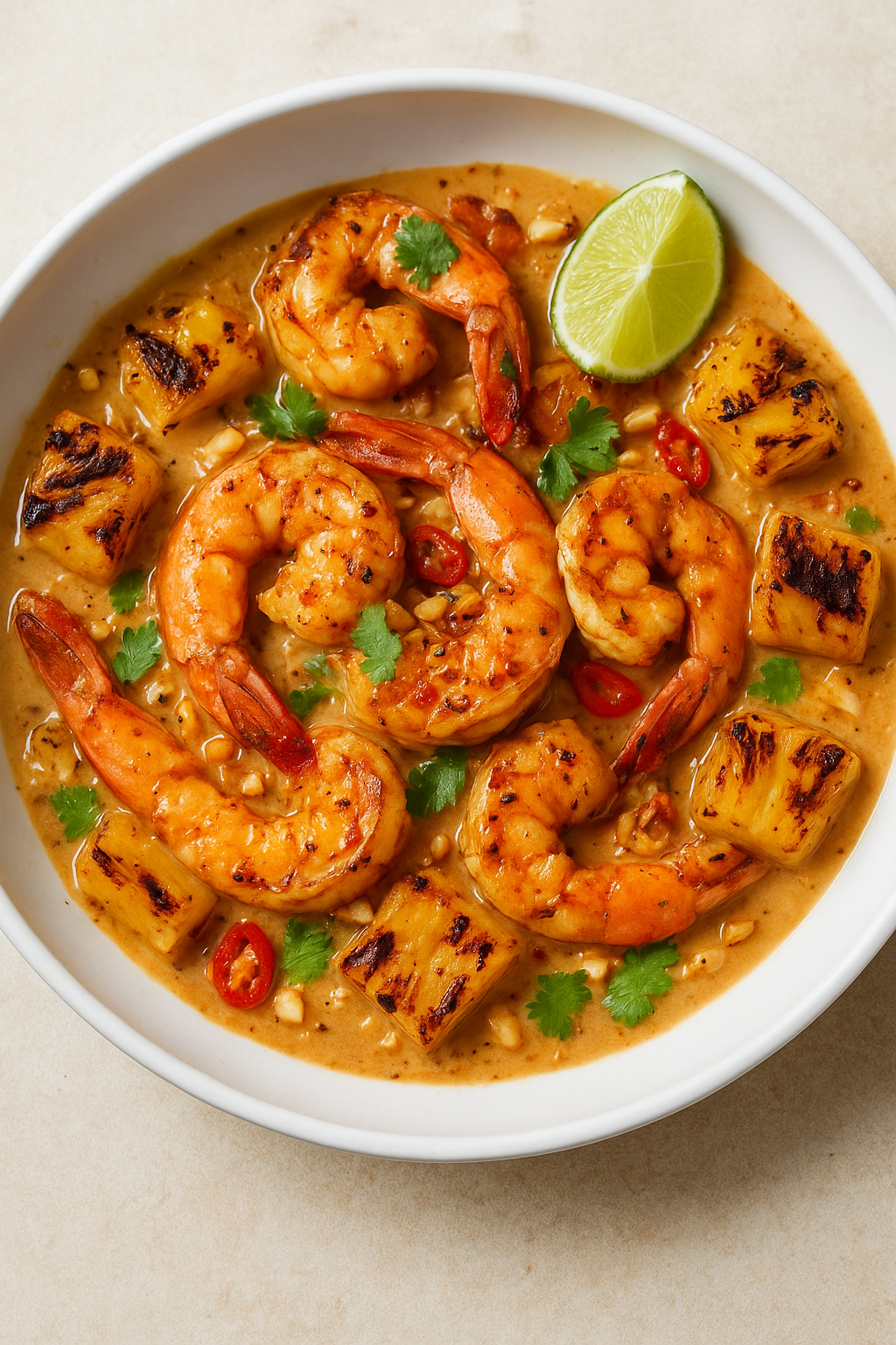 Coconut Adobo Prawns with Charred Pineapple & Chili-Lime Gata Glaze