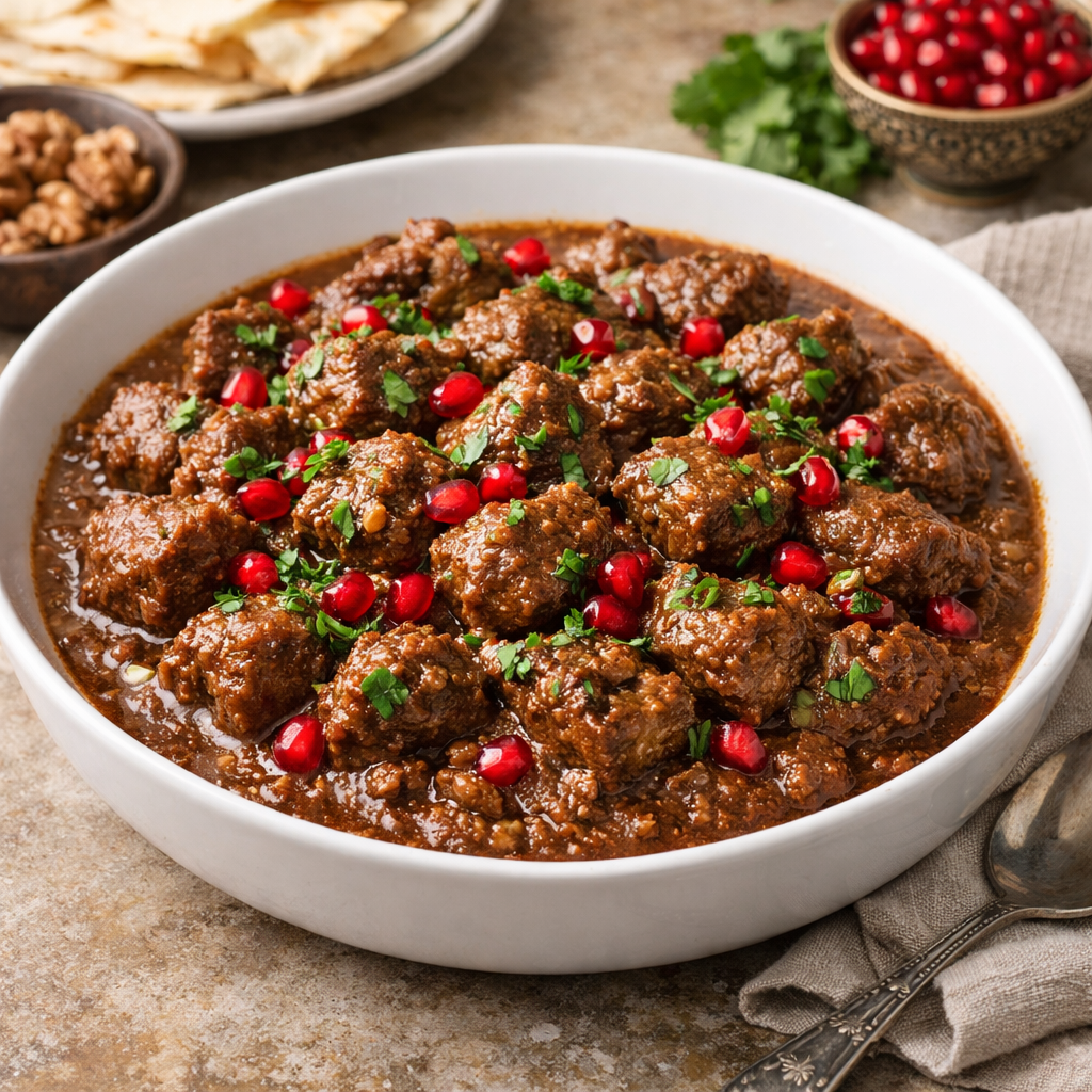 Caucasus-Style Lamb Skillet with Pomegranate & Walnuts