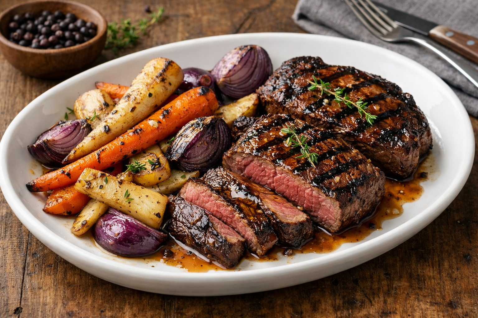 Maple-Juniper Bison Steak with Grilled Root Vegetables