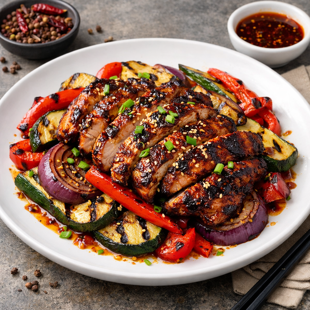 Sichuan-Style Grilled Mala Chicken with Charred Vegetables
