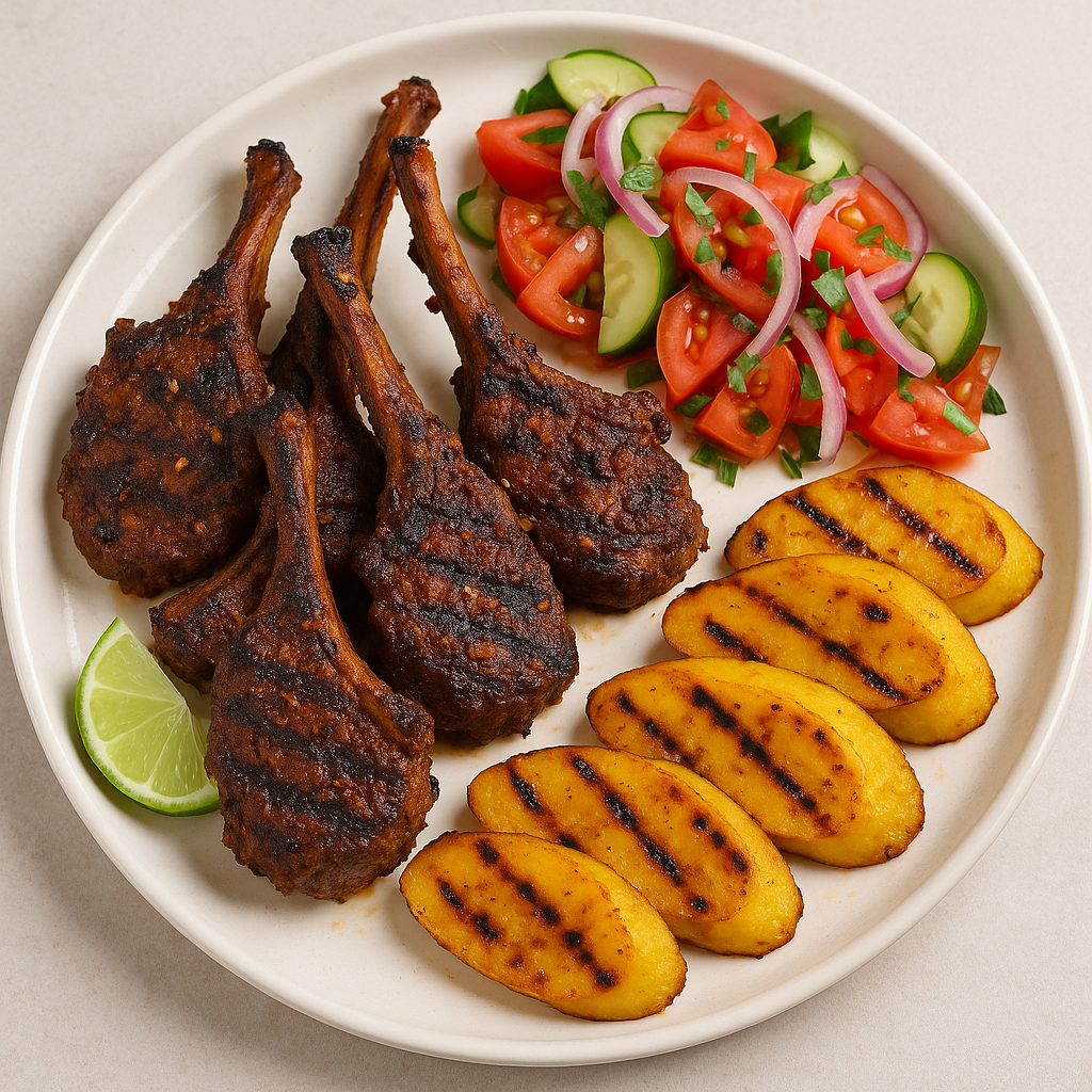 Grilled Suya-Spiced Lamb Chops with Plantain and Kachumbari