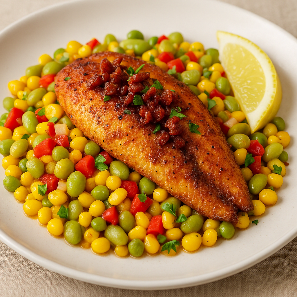 Wild Corn & Catfish Succotash with Smoked Bacon Crumble