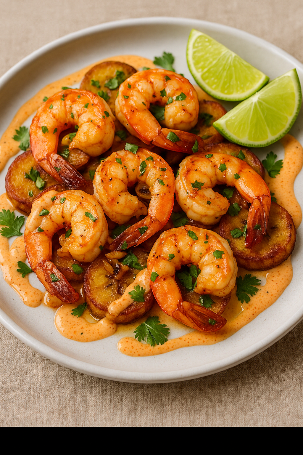 Camarones al Mojo de Ajo with Fried Plantain Coins & Smoky Chipotle Lime Drizzle