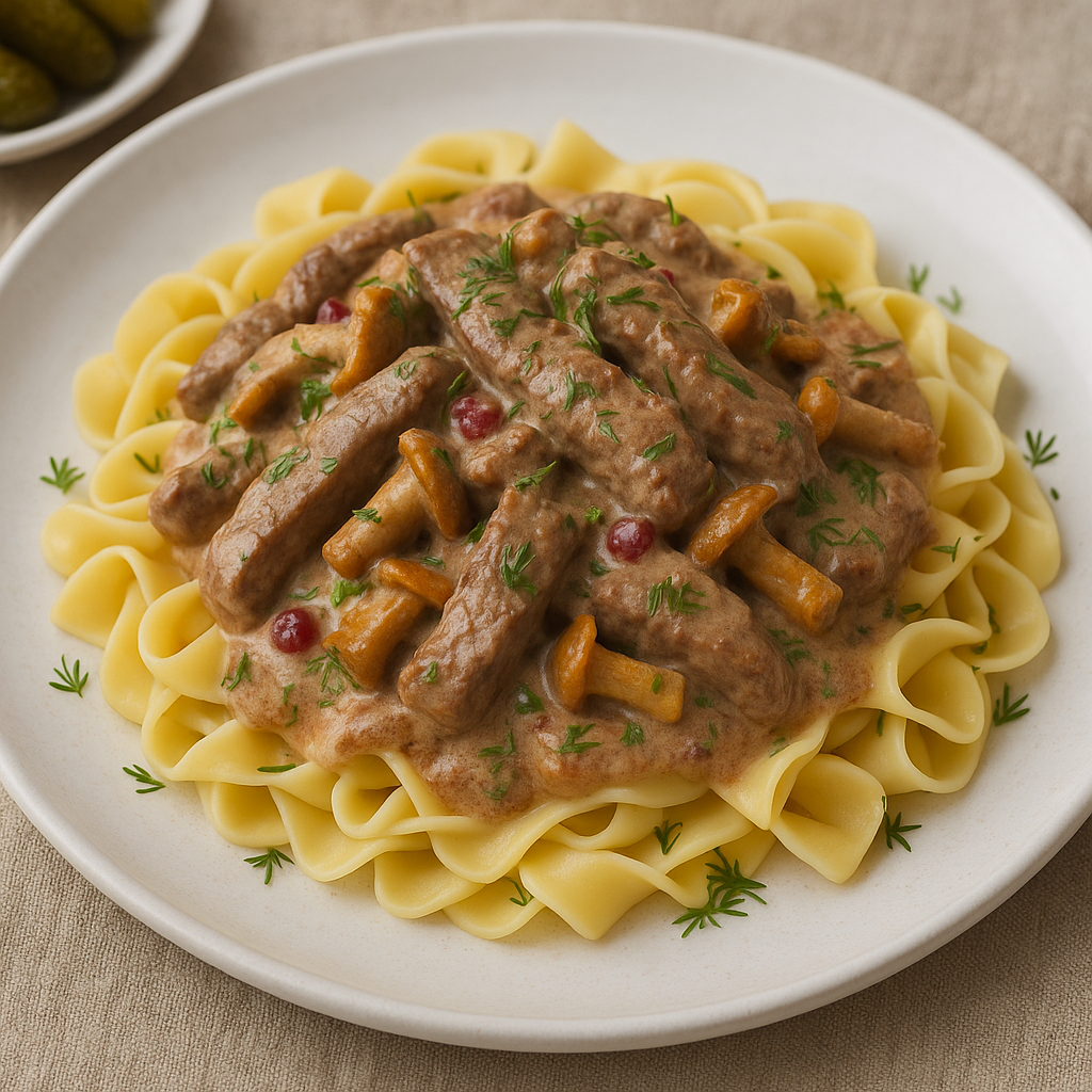 Siberian Elk Stroganoff with Wild Mushrooms and Cranberry Cream