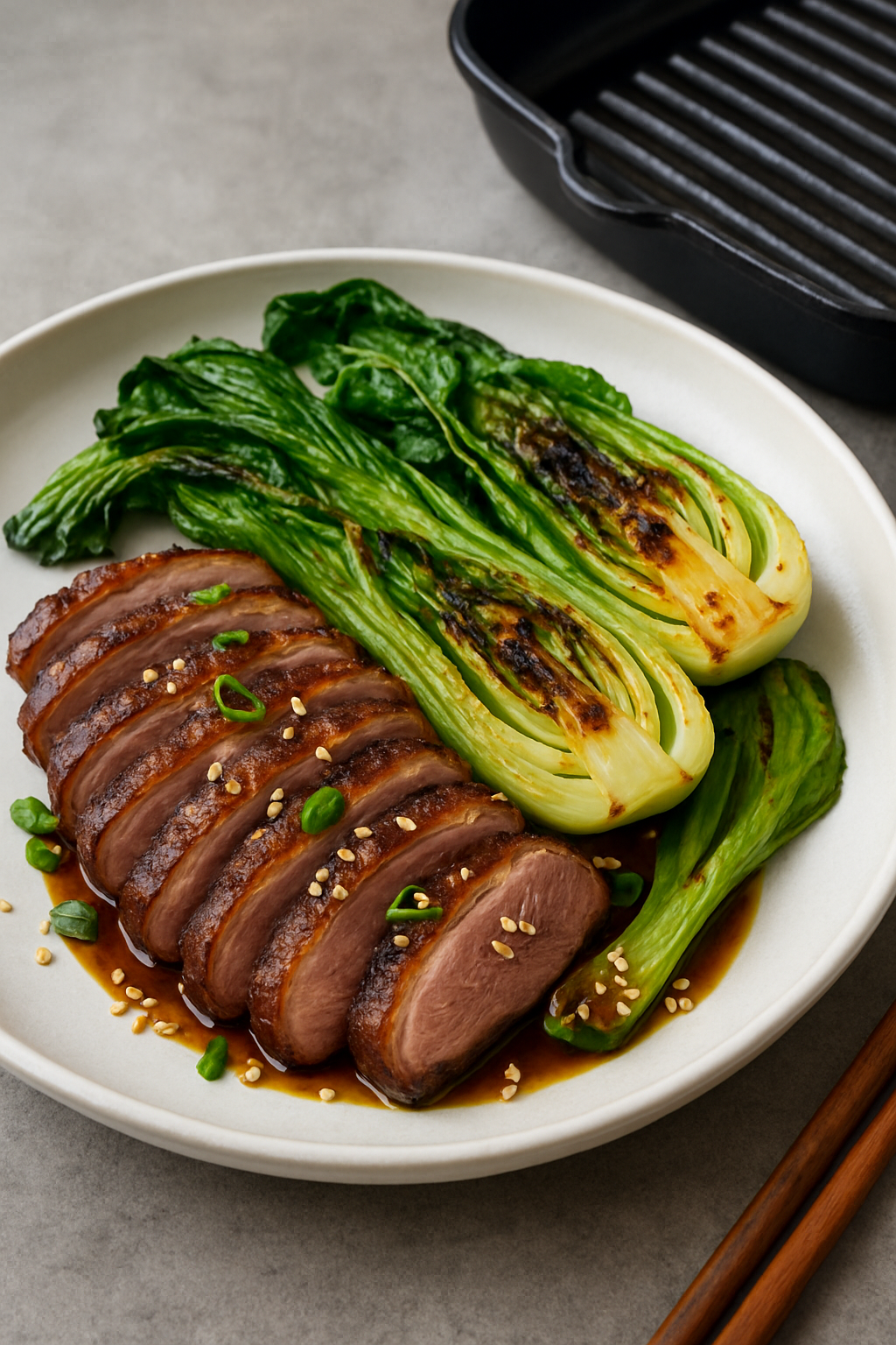 Tea-Smoked Five-Spice Duck Breasts with Grilled Bok Choy