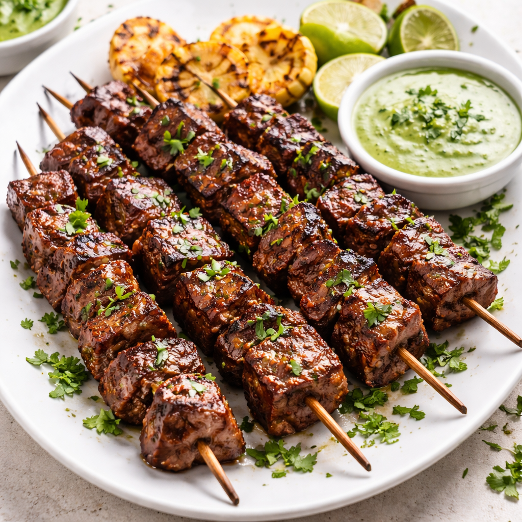 Peruvian Anticucho-Style Beef Skewers with Aji Verde Sauce