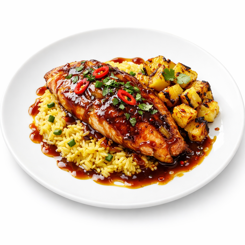 Caribbean Tamarind-Coconut Glazed Snapper with Charred Pineapple & Spiced Rice