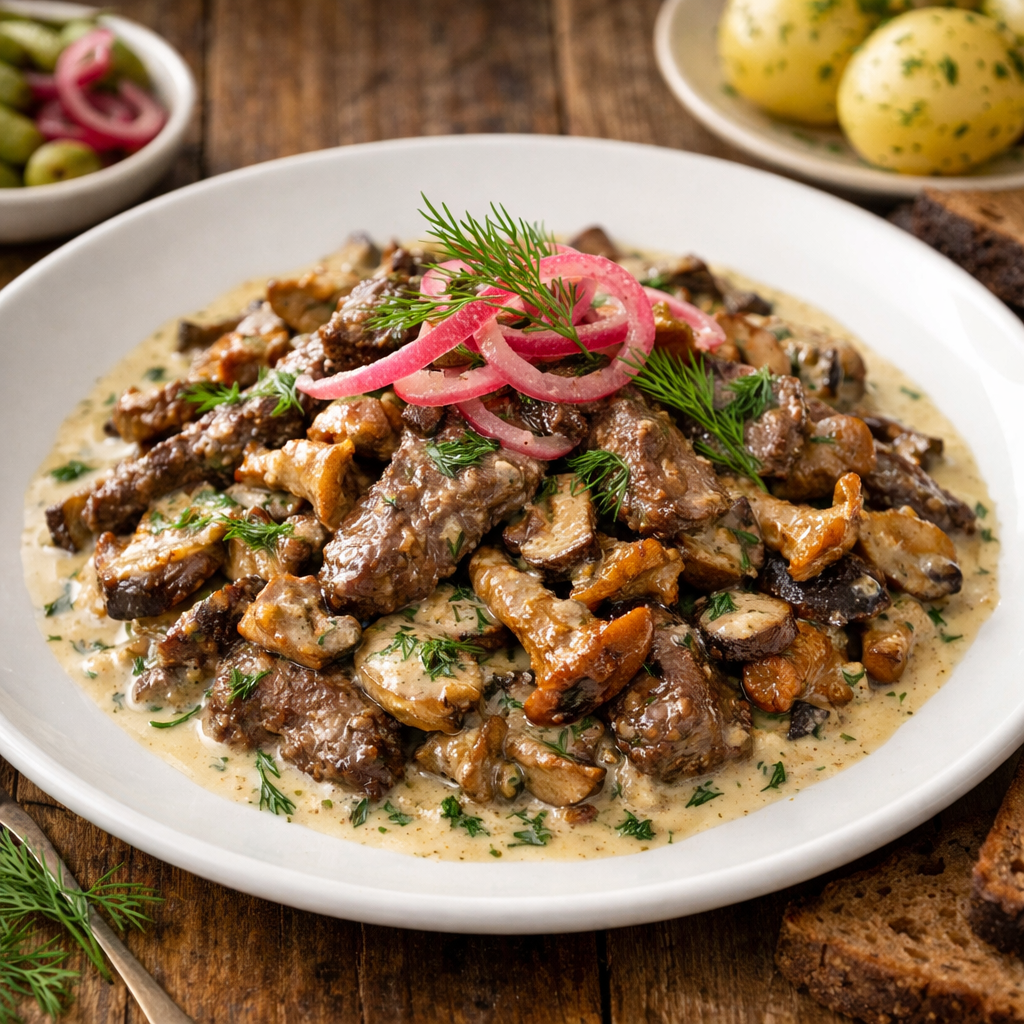 Russian-Inspired Mushroom & Venison Skillet with Creamy Dill Sauce