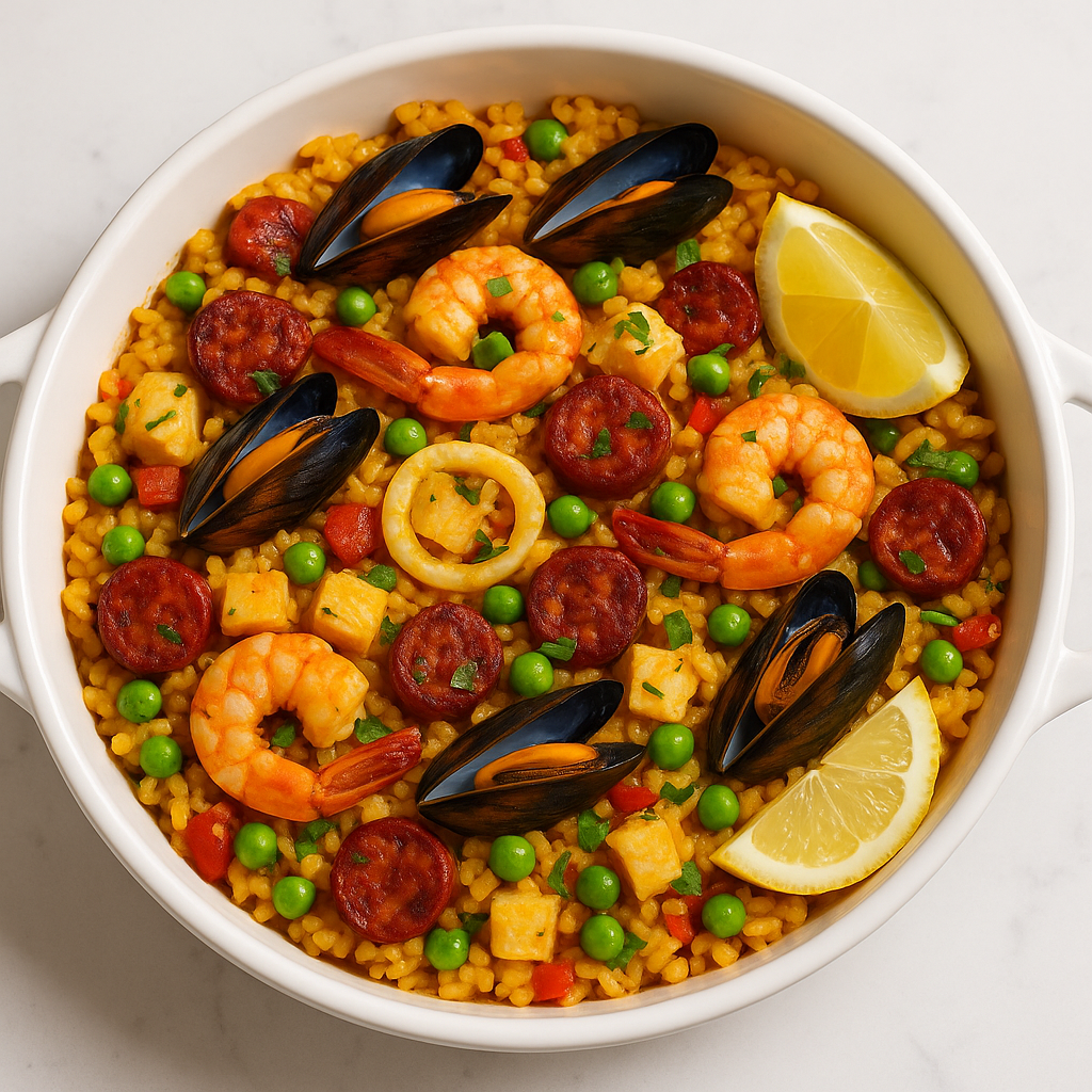 Exotic Spanish Seafood Paella with Chorizo & Saffron