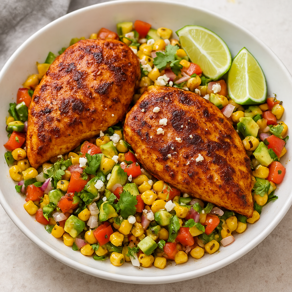Southwestern Chipotle Lime Chicken with Roasted Corn & Avocado Salsa