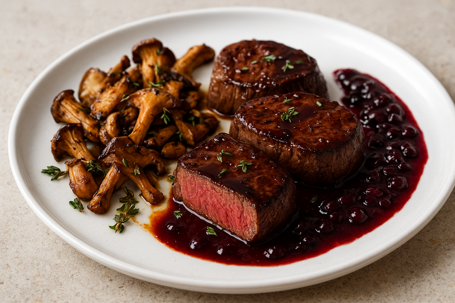 Maple-Balsamic Glazed Elk Medallions with Grilled Wild Mushrooms and Saskatoon Berry Reduction