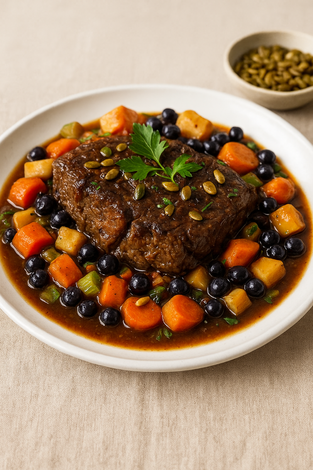 Maple-Braised Bison with Wild Blueberries & Cedar-Scented Vegetables