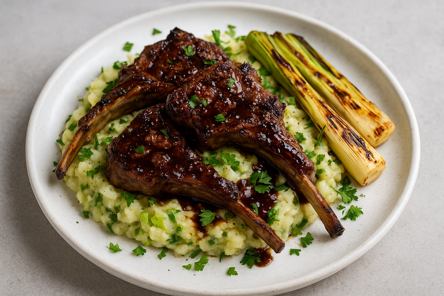 Guinness-Glazed Lamb Chops with Colcannon Mash & Grilled Leeks