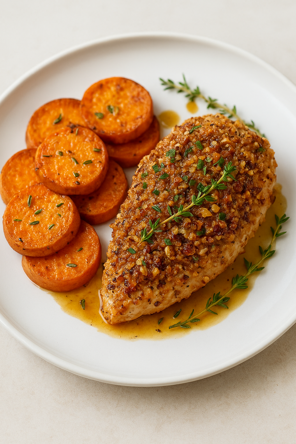 Maple Bourbon Pecan-Crusted Chicken with Sweet Potato Medallions
