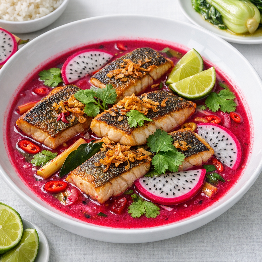 Dragonfruit–Ginger Barramundi in Aromatic Lime Leaf Broth
