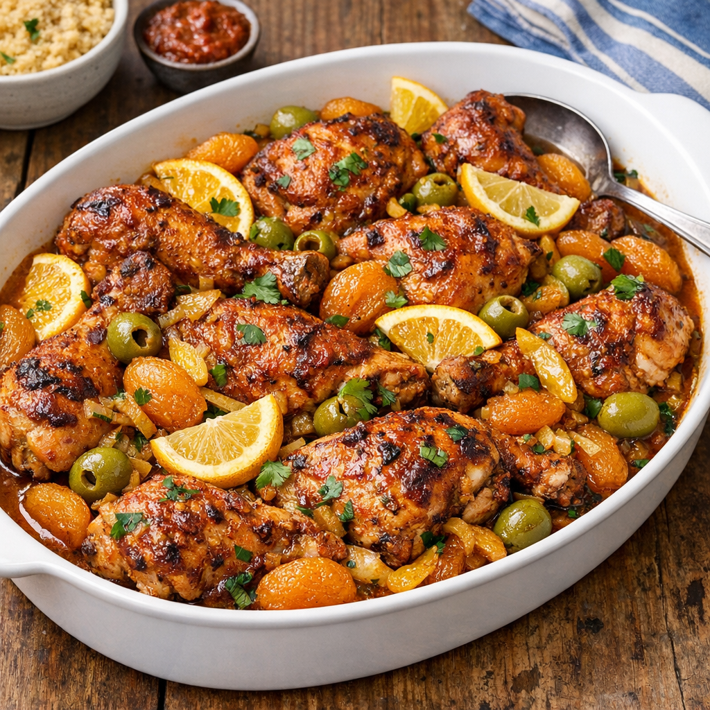 Tunisian Harissa–Citrus Chicken with Preserved Lemon & Golden Apricots