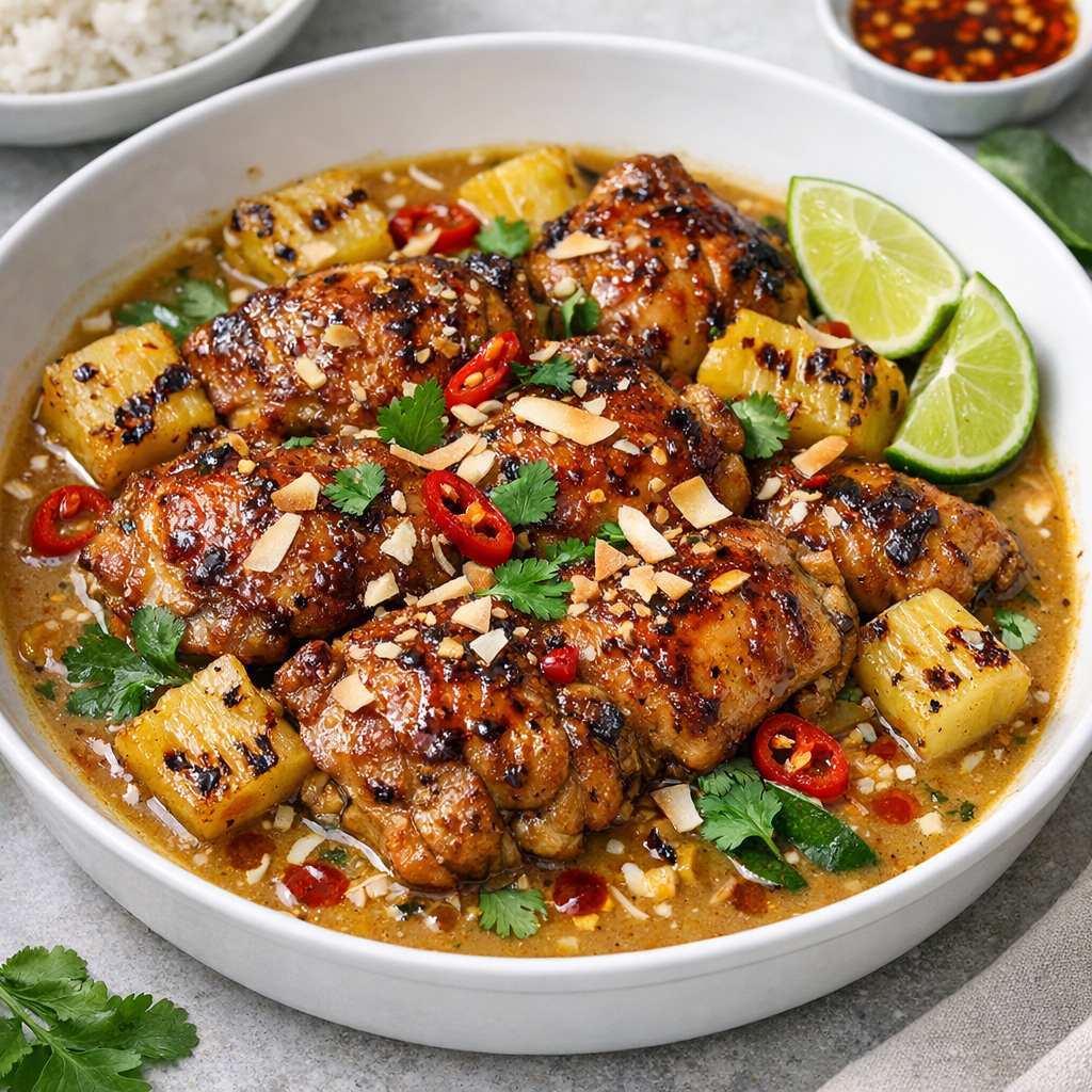 Samoan Coconut–Caramel Chicken with Charred Pineapple & Lime Leaf Oil
