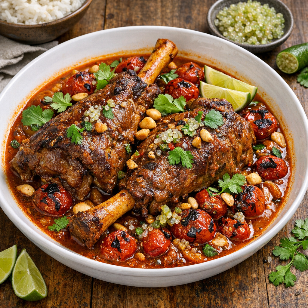 Red Curry Emu Shanks with Lemon Myrtle, Finger Lime & Charred Bush Tomatoes