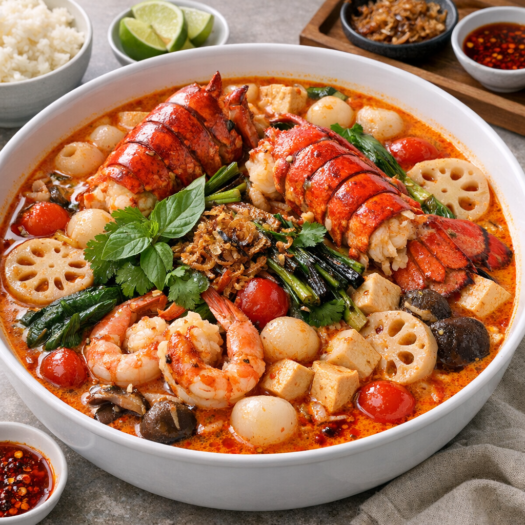 Imperial Thai Red Curry Hotpot with Lobster, Lychee & Charred Aromatic Herbs