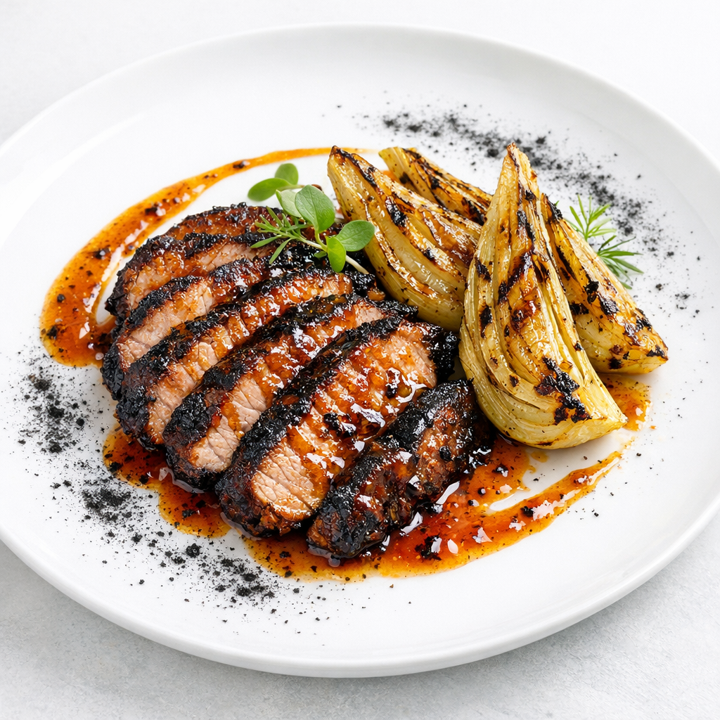 Black Garlic & Smoked Paprika Iberian Pork with Charred Fennel, Orange Blossom Honey & Rosemary Ash